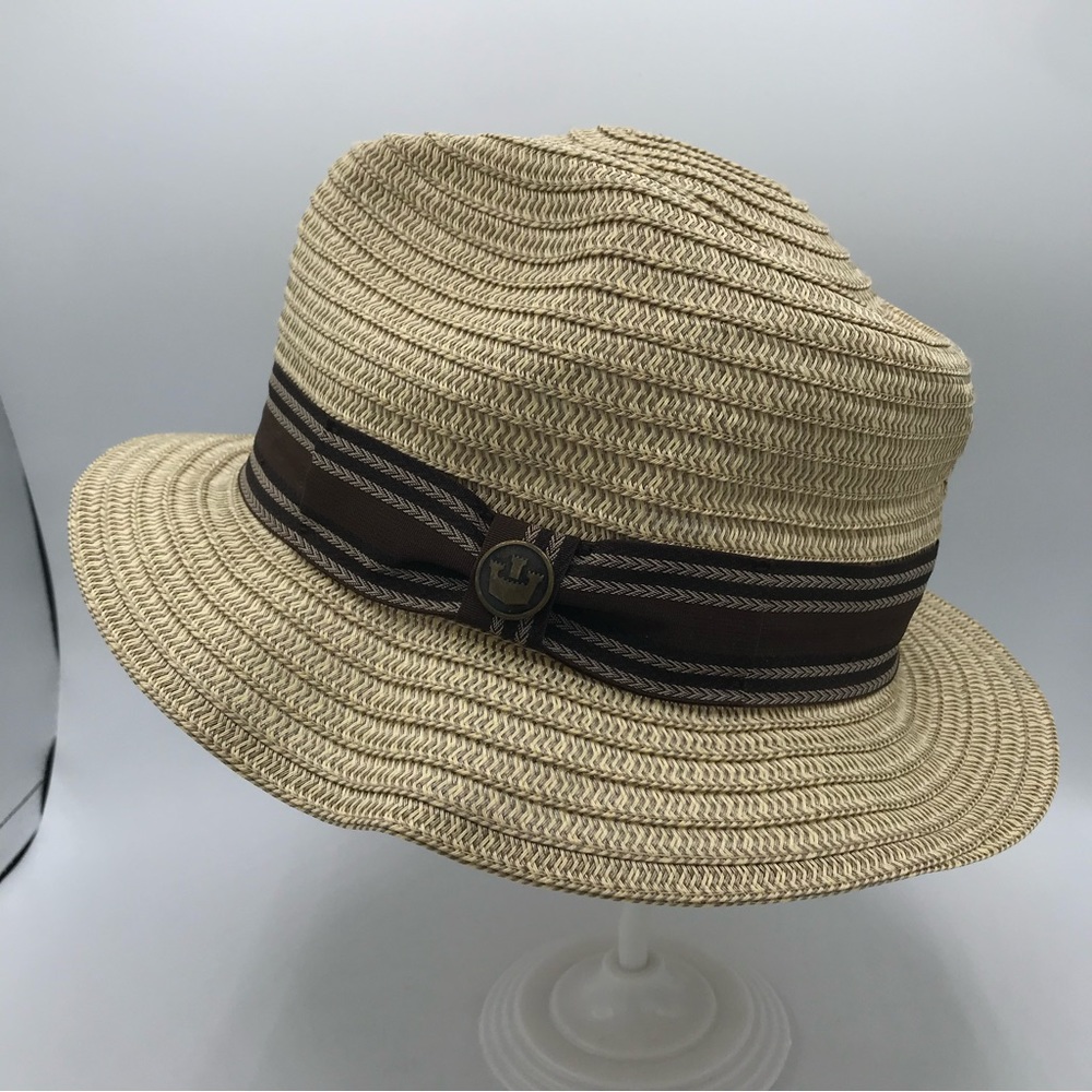 Goorin Bros Tan Brown Straw Paper Fedora Men's Sz Medium Logo Stripe Band GUC